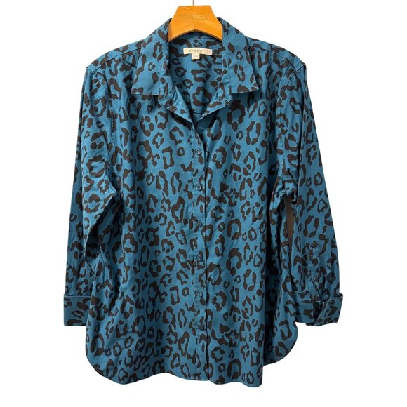 Chicos Teal & Black Leopard Print Button-Up Shirt Size 14 women shirt - Picture 1 of 12